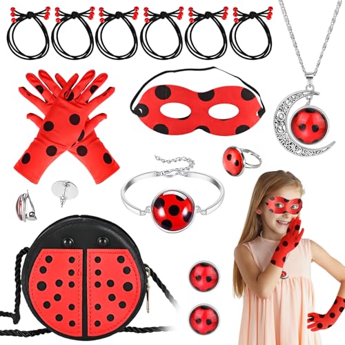 Tigvio 14 Stück Ladybird Kostüm Set, Ladybird Maske Handschuhe Tasche Ladybird Schmuck Set Ladybird Kostüm Kinder, Marienkäfer Kostüm Ladybird Kostüm Mädchen Cosplay Fasching Ladybird Spielzeug von Tigvio