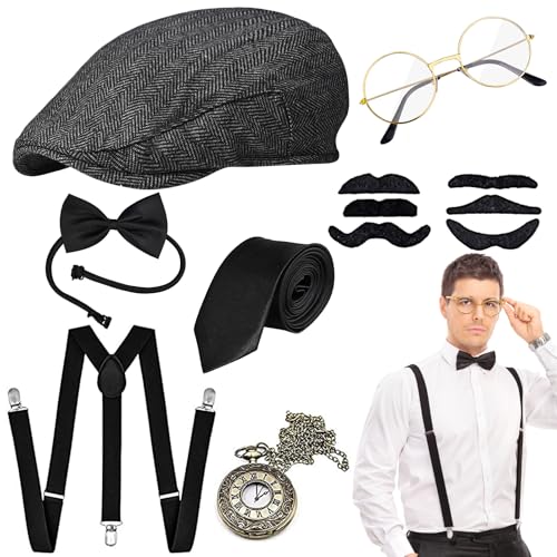 Tigvio 20er Jahre Kostüm Herren, Mafia Kostüm Herren Peaky Blinders Kostüm, Gatsby Gangster 20er Jahre Accessoires mit Panamahut Hosenträger Taschenuhren Brille Fliege Krawatte Bärte für Herren von Tigvio