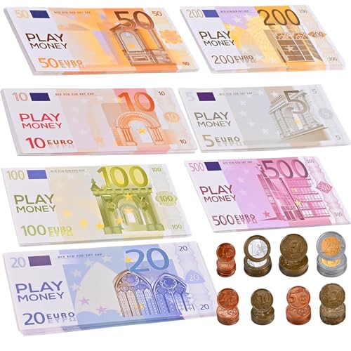 Tigvio 215 Stück Spielgeld Set mit 175 Spielgeld Kinder und 40 Spielgeld Münzen, Lustige Spielgeld Euro Scheine und Münzen Spielgeld Euro zum Rollenspiel Kaufmannsladen Zubehör von Tigvio