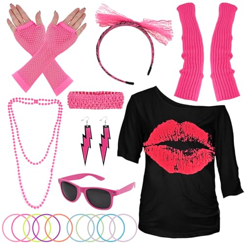 Tigvio 80er 90er Jahre Outfit Damen, 18PCS 80er 90er Jahre Accessoires mit T-Shirt Stirnband Beinwärmer Ohrring Halskette Netzhandschuhe, 80 er Jahre Kostüm Damen 80er 90er Jahre Outfit für Neon Party von Tigvio