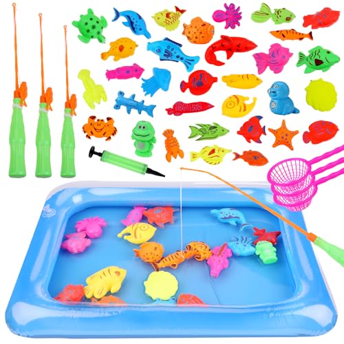 Tigvio Angeln Spielzeug, 42 Stück Angelspiel Badespielzeug, Fische Angeln Wasserspielzeug Kinder, Angel Kinder Spiel mit Aufblasbarer Becken, Magnet Fischen Angelspiel für Kinder ab 3 4 5 6 Jahre von Tigvio