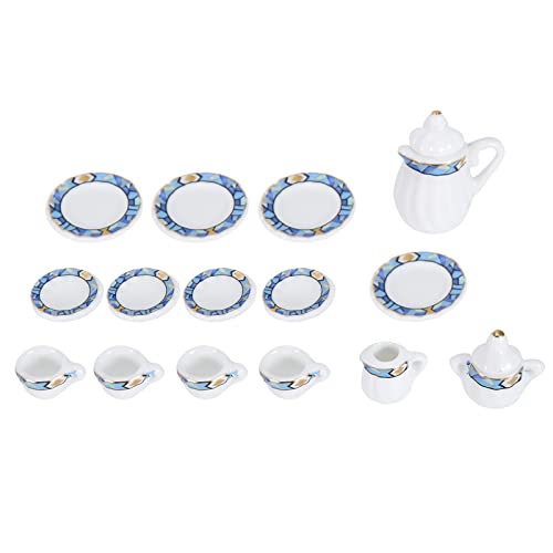 1:12 Puppenhaus-Küchen-Teetassen-Set, 15-teiliges Tragbares Mini-Porzellan-Blumen-Teetassen-Set, Dekor-Kollektion für Puppenhaus-Küchendekoration (Blaue geometrische Figur) von Tihebeyan