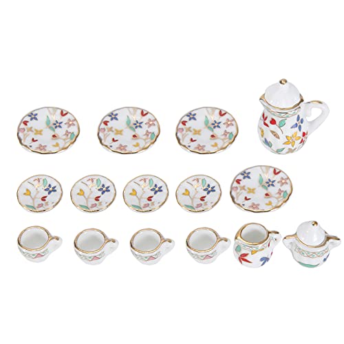 1:12 Puppenhaus-Küchen-Teetassen-Set, 15-teiliges Tragbares Mini-Porzellan-Blumen-Teetassen-Set, Dekor-Kollektion für Puppenhaus-Küchendekoration (Bunte Blumen) von Tihebeyan