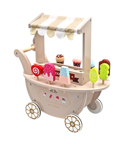 Eisladen aus Holz Spielset mit Zubehör 14 TLG Eiswagen auf Rädern Holzspielzeug für Kinder, Eisdiele mit Zubehör, Magnetisches EIS-Set, Rollenspiel für Kinder ab 3 Jahren, Lernspielzeug (Rose) von TikTakToo