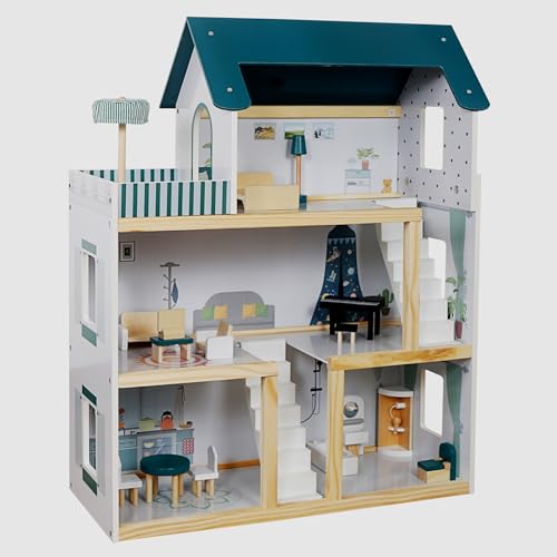 Großes Puppenhaus XXL Traumhaus Set aus Holz mit Zubehör 17 TLG. für Kinder Puppenvilla 62x26,5x77 von TikTakToo