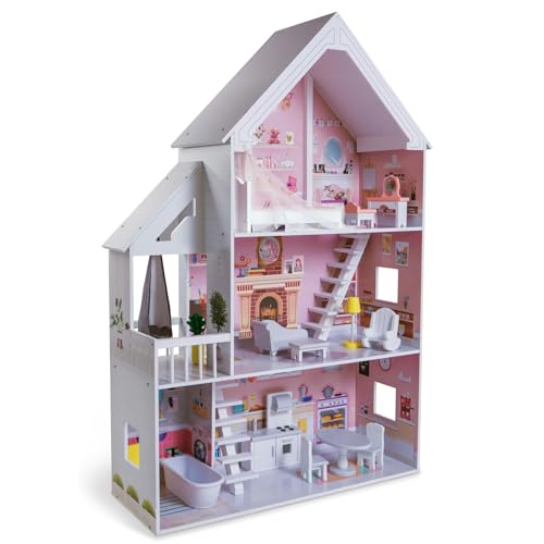 TikTakToo Puppenhaus Puppenstube Traum Villa Set aus Holz aus MDF-Holz, Höhe 126,5 cm, für Puppen bis 29 cm geeignet von TikTakToo