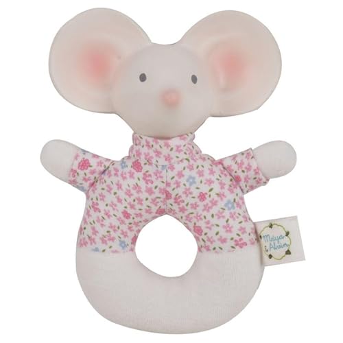 Tikiri 8577144 - Naturkautschuk Rassel Meiya Maus, Spielzeug für Babys und Kinder ab 0+ Monaten, 13cm, Rosa von Tikiri