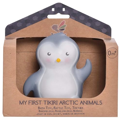Tikiri 8594304 - Naturkautschuk Rassel in Geschenkbox, Pinguin, Badespielzeug, für Babys und Kinder ab 0+ Monaten, 11cm von Tikiri