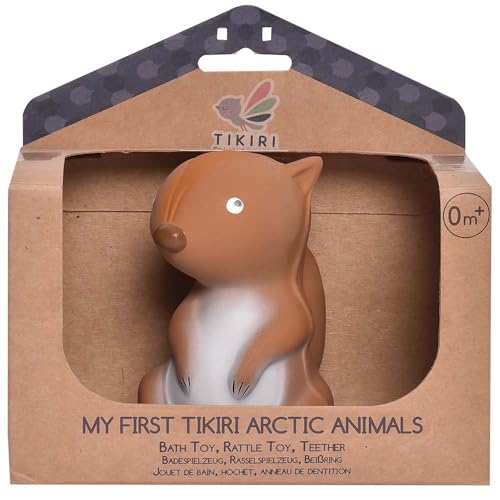 Tikiri 8594306 - Naturkautschuk Rassel in Geschenkbox, Eichhörnchen, Badespielzeug, für Babys und Kinder ab 0+ Monaten, 10cm von Tikiri