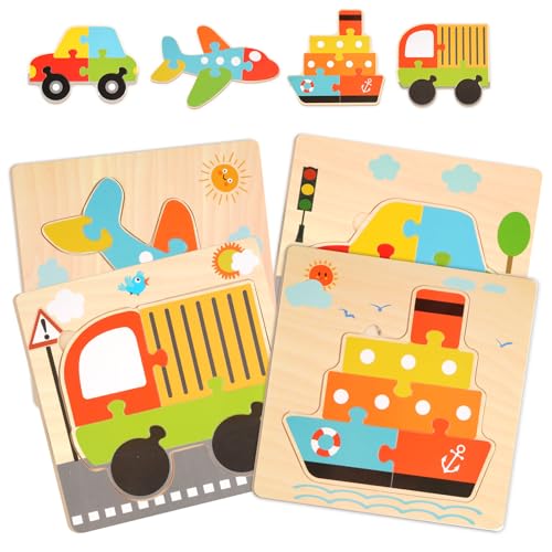 Holzpuzzle Kinder, 4er-Set Holzpuzzle Ab 2 Jahre, Steckpuzzle Montessori Spielzeug, Puzzle Lernspielzeug, Fahrzeug Holzpuzzle Geschenke für Kinder 3 4 5 6 Jahren von Tikplus