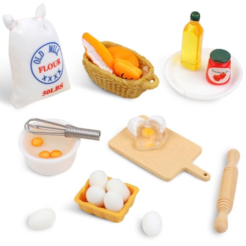 Miniatur Wichtel Zubehör, 1/12 Puppenhaus Zubehör, Mini-Brot Mehlsack Schneebesen Eier Nudelholz Ölflasche, Küche Möbel Wichtel Zubehör Weihnachten Wichtelhaus Zubehör von Tikplus