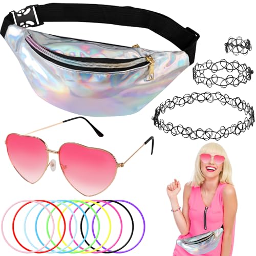 Tikplus 90s Outfit Damen, 90er Jahre Accessoires, 90er Jahre Retro Outfit mit Herz Sonnenbrille Rosa, Silber Bauchtasche, Halskette, Women Festival Hippie Accessoires für Neon Mottoparty Tikplus 90s Outfit Damen, 90er Jahre Accessoires, 90er Jahre Retro Outfit mit Herz Sonnenbrille Rosa, Silber Bauchtasche, Halskette, Women Festival Hippie Accessoires für Neon Mottoparty von Tikplus