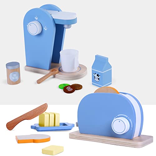 TikTakToo Frühstücksset Kinder Kaffeemaschine Toaster Spielset aus Holz mit viel Zubehör passend zu Allen Kinderspielküchen Kinderküchen Spielzeug (Kaffeemaschine & Toaster mit Zubehör) von TikTakToo