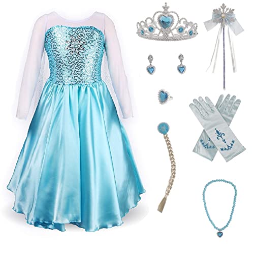 Timesun® Mädchen Prinzessin Schneeflocke Süßer Ausschnitt Kleid Kostüme mit Diadem, Handschuhen, Zauberstab und Zopf, Gr. 98/140 (#03 Kleid mit Zubehör, 150) von Timesun