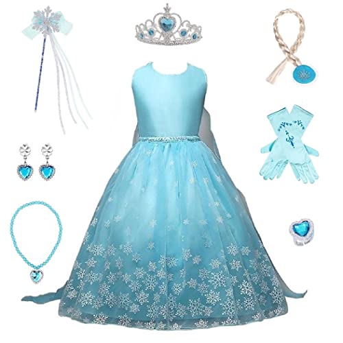 Timesun® Mädchen Prinzessin Schneeflocke Süßer Ausschnitt Kleid Kostüme mit Diadem, Handschuhen, Zauberstab und Zopf (Blaue Weste Elsa, 140（128-134）) von Timesun