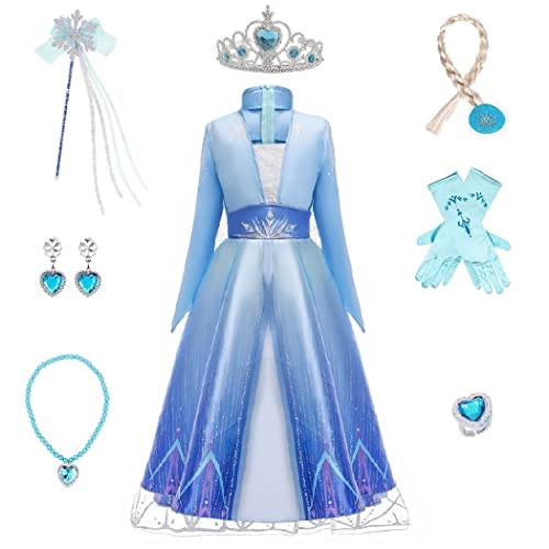 Timesun ELSA Mädchen Prinzessin Elsa Kleid Kostüm Karneval Cosplay Eisprinzessin Set aus Diadem, Handschuhe, Zauberstab, Perücke,Halskette,Ohrringe,Ringe,Handbag (Blau, 110) von Timesun