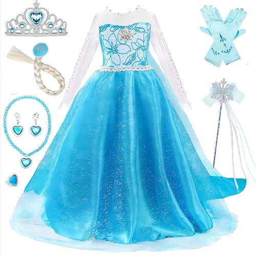 Timesun Kostüm Mädchen Prinzessin Karneval Cosplay Kleider Eisprinzessin Set aus Diadem, Handschuhe, Zauberstab, Perücke,Halskette,Ohrringe,Ringe（Blau und weiß,100） von Timesun