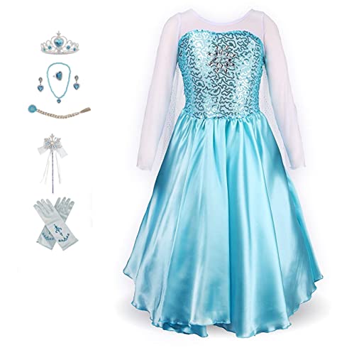 Timesun Mädchen Prinzessin Kostüm Karneval Birthday Party Kleider Eisprinzessin Set aus Diadem, Handschuhe, Zauberstab, Perücke,Halskette,Ohrringe,Ringe (Blau, 120) von Timesun