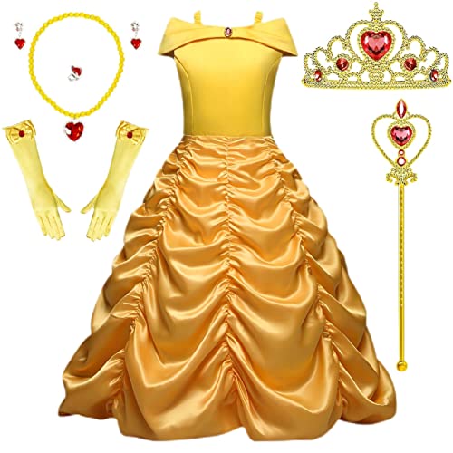 Timesun Puffärmel Angels Prinzessin Belle Kostüm Kleid für Mädchen Kinder Halloween Karneval Party Verkleidung Kronen Zepter Ketten Ringe Ohrringe Handschuhe (Gelb, 140) von Timesun