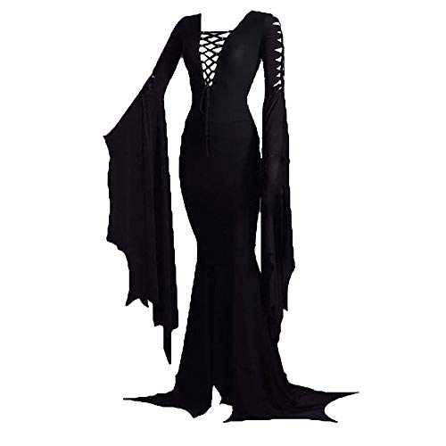 Damen Gothic Vintage Kleid sexy Hexenkostüm Morticia Addams Bodenkleid für Halloween Karnevalsparty von TinFrey