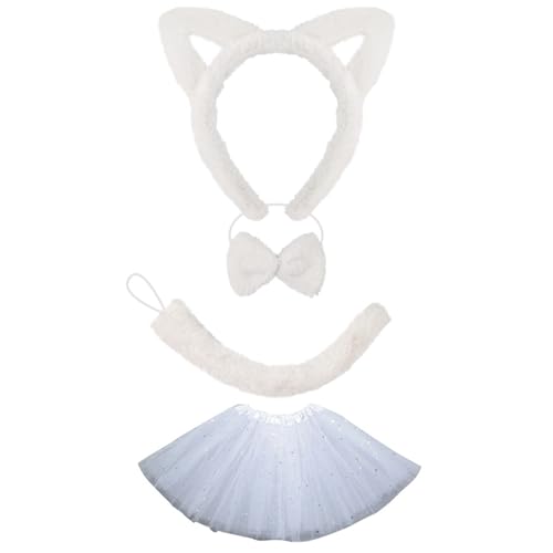 TingHaoO Katzenohren Stirnband Plüsch Schwanz Schleifen Krawatte Katzen Gesicht Aufkleber Lovely Cats Kostüm Set für Geburtstag Halloween Cosplay Party von TingHaoO