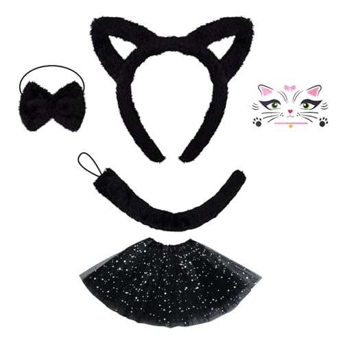 TingHaoO Katzenohren Stirnband Plüsch Schwanz Schleifen Krawatte Katzen Gesicht Aufkleber Lovely Cats Kostüm Set für Geburtstag Halloween Cosplay Party von TingHaoO