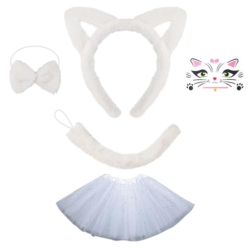 TingHaoO Katzenohren Stirnband Plüsch Schwanz Schleifen Krawatte Katzen Gesicht Aufkleber Lovely Katzen Kostüm Set für Geburtstag Halloween Cosplay Party von TingHaoO