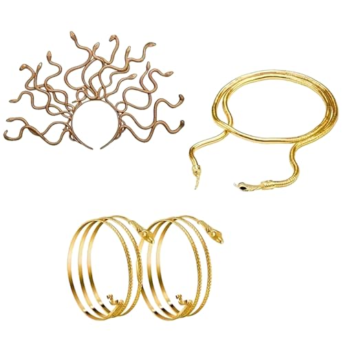 TingHaoO Medusas Schlangen-Kopfschmuck, Oberarm-Manschetten, Halskette, Halloween, Medusas, Schlangen-Kostüm, Zubehör, Schlangen-Schmuck-Set, 4-teilig von TingHaoO