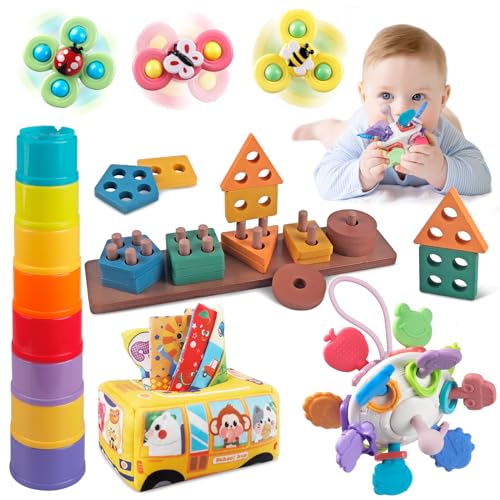 TingingYuli Baby-Spielzeug für 6 bis 12 Monate, 5 in 1 Montessori-Spielzeug, Taschentuchbox, Beißspielzeug, Stapelbecher, Holzsortier- und Stapelspielzeug, Saugnapf-Drehscheiben-Spielzeug von TingingYuli