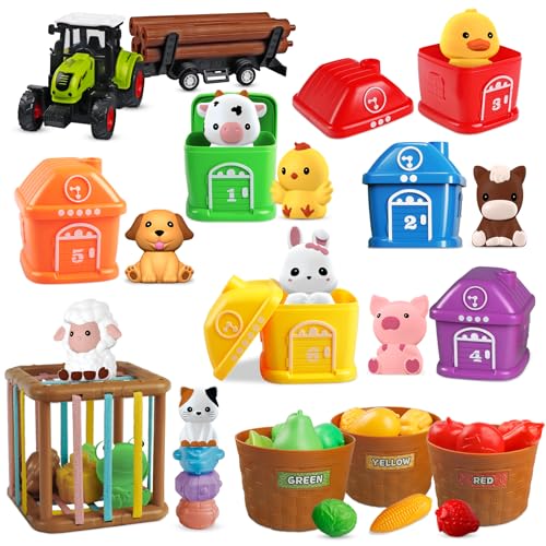 TingingYuli Montessori Lernspielzeug für Kinder, 4-in-1 Bauernhoftiere Scheunenset für Kleinkinder 1-3, Gemüse-Set, Traktor-Anhänger, Geschenk für Jungen und Mädchen von TingingYuli