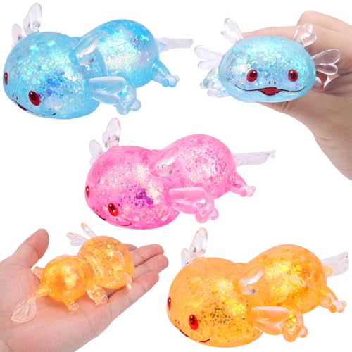 3stk Axolotl Stressbälle als Spielzeug, Glitzernder Quetschbarer Salamander aus Zucker Weiches Tier Beruhigendes Geschenk für Erwachsene und Kinder (Gelb, Rosa, Blau) von Tinoaly