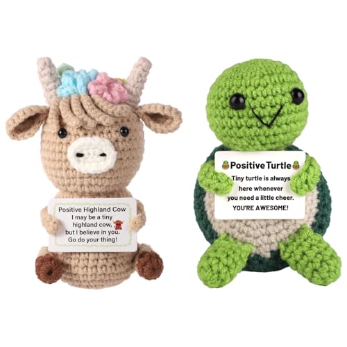 Tinoaly 2 Stück Positive Wollpuppen, Süße Positive Schildkröte und Positive Hochlandkuh Inspirierende Gestrickte Wollpuppe Ermutigungsgeschenke Positives Geschenk für Freunde von Tinoaly