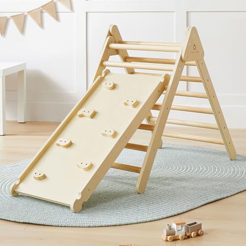 Tiny Land 2 in 1 Kletterdreieck - Naturholz, Dreieck Klettergerüst, Montessori-Kletterspielzeug für Kleinkinder, Hölzernes Indoor-Kletterset für 2-6 Jahre von Tiny Land