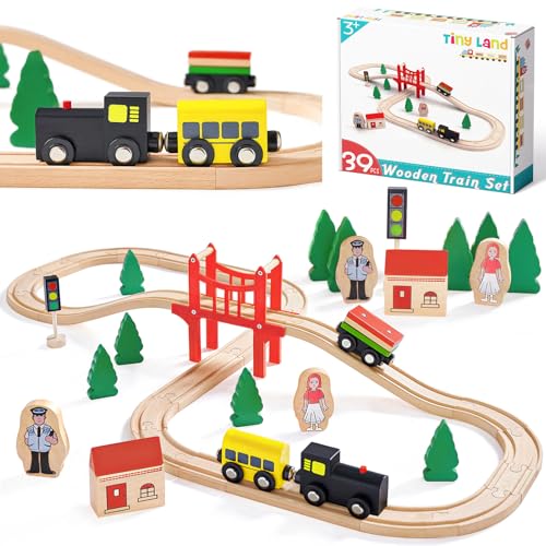 Tiny Land 39 Pcs Holzeisenbahn und Züge Pack Eisenbahn Anfängerset Kompatibel mit Thomas Passend für Eichhorn Zugset Kleinkinderspielzeug empfohlen ab 3 Jahren von Tiny Land