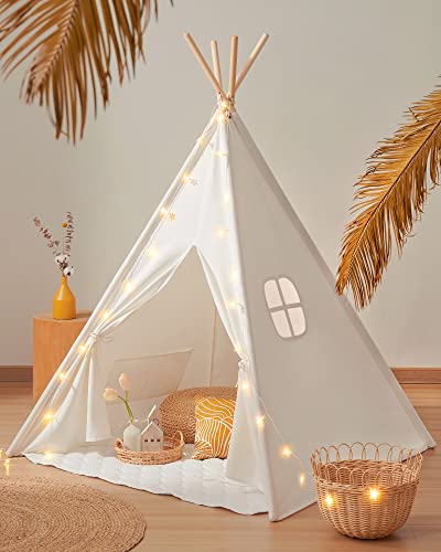 Tiny Land Tipi Zelt für Kinder, Drinnen Tipi Spielzelt für Kinder mit Gepolsterter Decke & Lichterkette &Aufbewahrungstasche, Segeltuch Kinderzelt, Spielhaus Kinder für Drinnen und Draussen von Tiny Land