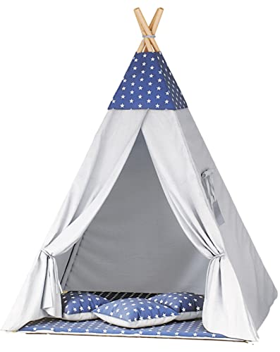 TIPOO Tipi Zelt Spielzelt Baumwolle Kinderzelt mit 3 Kissenmatratzen Stabiles Zelt für Mädchen und Mädchen für Zuhause und Garten (Navy Blue Stars - Gray) von Tipoo