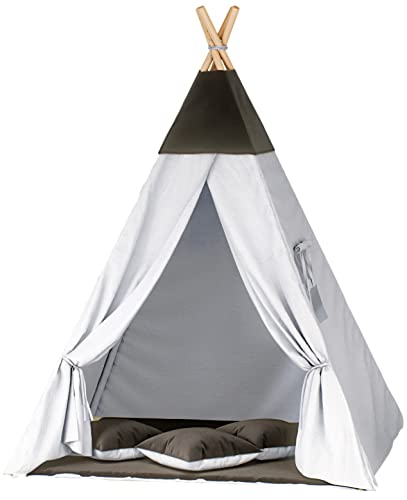 TIPOO Tipi Zelt kinderzelt für drinnen und Tipi Zelt Outdoor Tippi kinderzelt mädchen Junge Spielzelt Kinder mit Matte und Kissen modisches Kinderzimmer (einheitlich schwarz mit grau) von Tipoo