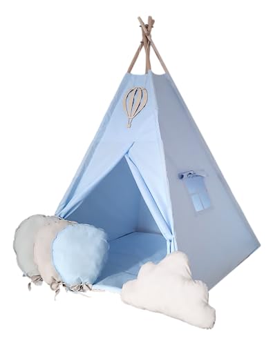 Tipoo Blue Tipi-Zelt + Ballonkissen, Stabilisator, ballonförmiger Anhänger aus Holz, Matte, Fenster von Tipoo