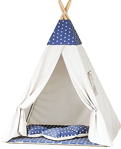 Tipoo - Shapra Krzysztof Kozioł Tipi Zelt Spielzelt Baumwolle Kinderzelt mit 3 Kissenmatratzen Stabiles Zelt für Mädchen und Mädchen für Zuhause und Garten tipi17 Gray (marineblaue Sterne - beige) von Tipoo