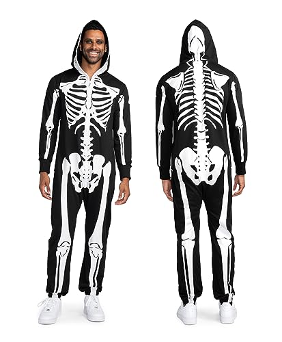 Tipsy Elves Halloween-Skelett-Kostüm für Herren – bequemer, einfacher Einteiler für Erwachsene – Druck vorne und hinten mit Maske mit Reißverschluss, Weiss/opulenter Garten, XL von Tipsy Elves