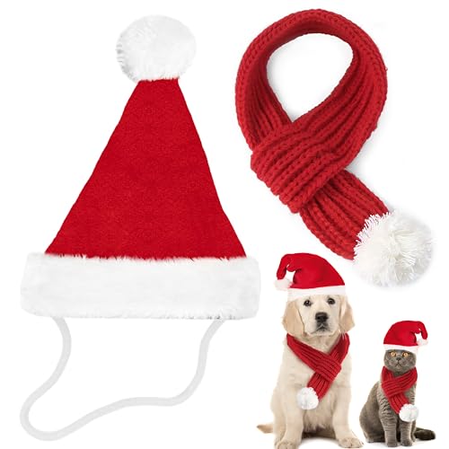 TirEurt Hund Katzen Kostüm Weihnachten - 2 Stück Haustier Weihnachten Kostüm Kleidung, Rot Weihnachtsmütze und Schal Weihnachtskostüm Outfit Weihnachtsmütze für Klein Hund Katze, Größe M von TirEurt