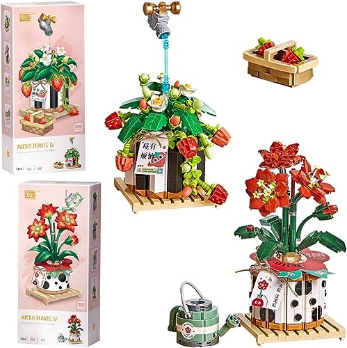 Blumenstrauß-Spielzeug-Set, Mikro-Bausteine Konservierte Erdbeeren und Amaryllis Strauß im Topf Mini Baustein, MOC Klemmbausteine Blumen-Bausatz, Bauspielzeug-Set für Erwachsene und Kinder von Tirff