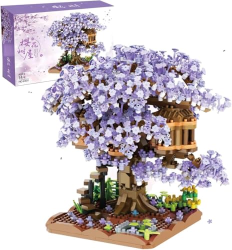 Tirff Kirschblüte Baumhaus, Sakura Bonsai Baum Bausatz, 12580 Klemmbausteine Sakura Baumhaus Modellsets für Erwachsene, DIY Kreatives Botanik Kollektion Deko Geschenk Nicht Kompatibel mit Lgo (Lila) von Tirff