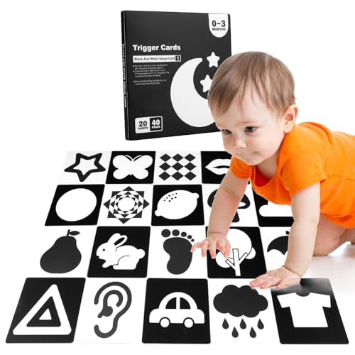 20 Stück Kontrastkarten Baby, 0-3 Monate Sensory Toys Karten Schwarz Weiß Hohe Kontrastkarten Baby Spielzeug Erstausstattung für Neugeborene die Entwicklung des Säuglingshirns 40 Seiten 14x14cm von Tiryns