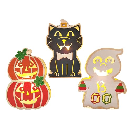 3 Stück Holz Halloween Tischdekoration, beleuchtete Holz Kürbis Geist schwarze Katzen Ornamente, leuchtende Holz Mittelstücke für Zuhause von Tissting