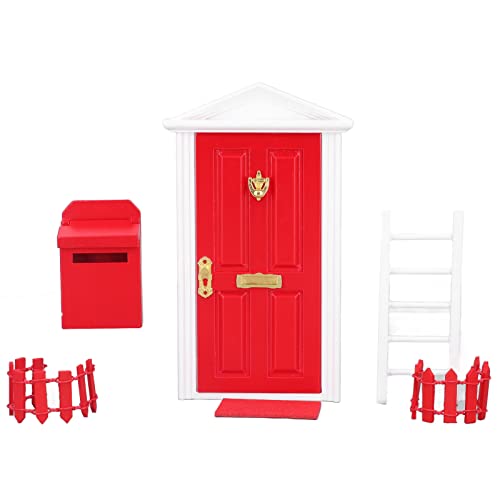 Mini-Holztür, Miniatur-Feentür-Set mit Türschloss, Briefkasten, Zaun, Leiter, Fußpolster, kleine Zahnfee-Tür für 1:12 Puppenhaus (Red) von Tissting