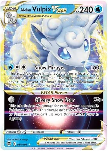 Alolan Vulpix VSTAR 034/195 Rare VSTAR Pokemon Karte (SWSH Silver Tempest) + TitanCards® Toploader von Titan Cards