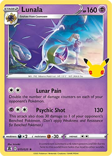 Lunala 015/025 Seltene Holo Pokemon Karte (Celebrations 25th Anniversary) + TitanCards® Toploader von Titan Cards