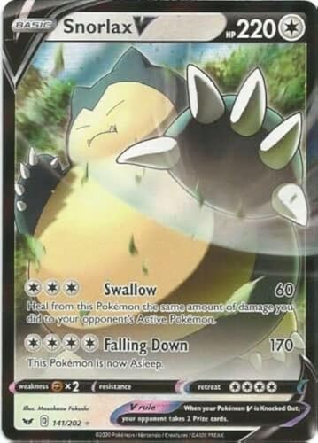 Snorlax V 141/202 Ultra Rare Pokemon Karte Schwert & Schild + TitanCards® Toploader von Titan Cards