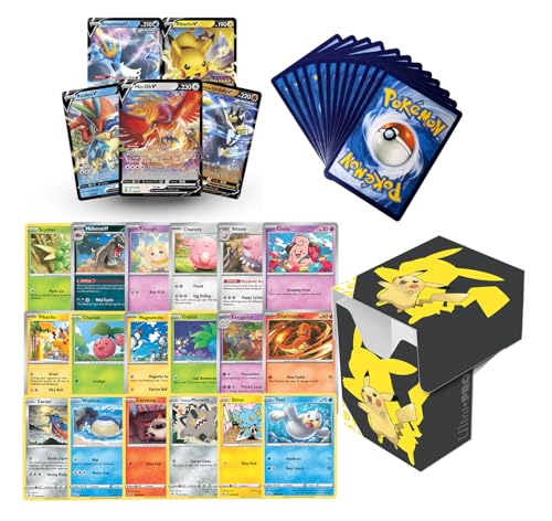 Titan Cards Pokemon-Kartenpaket – 50 Pokemon-Karten, darunter 1x zufällige EX-, GX-, Radiant- oder V-Karte, 3 Folienkarten, 2 seltene Karten + Deckbox + TitanCardsToploader von Titan Cards